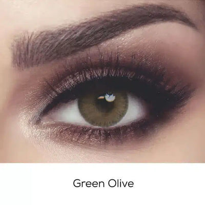 Close-up of an eye wearing Bella Elite Green Olive colour contact lens
